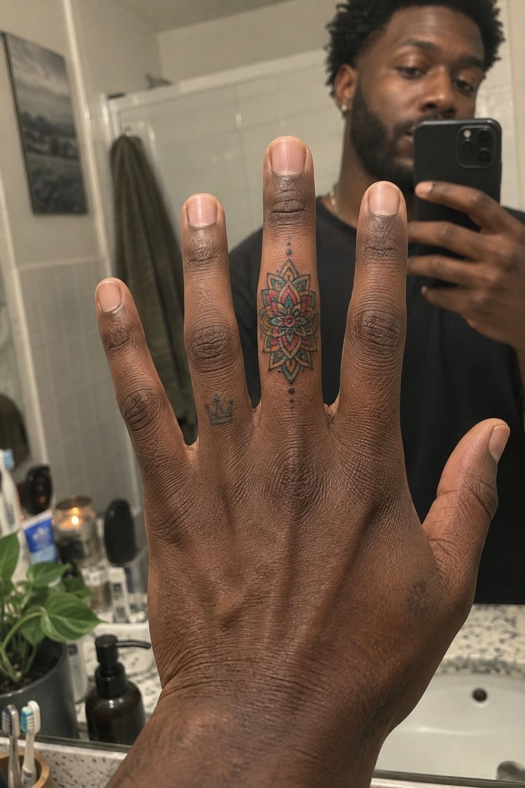 Vibrant Mandala Finger Tattoo