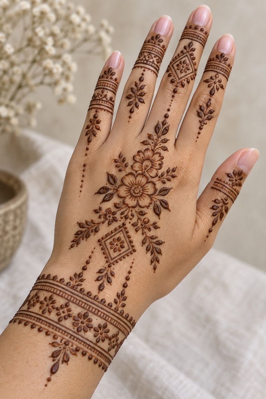 Delicate Finger Mehndi With Geometric Accents