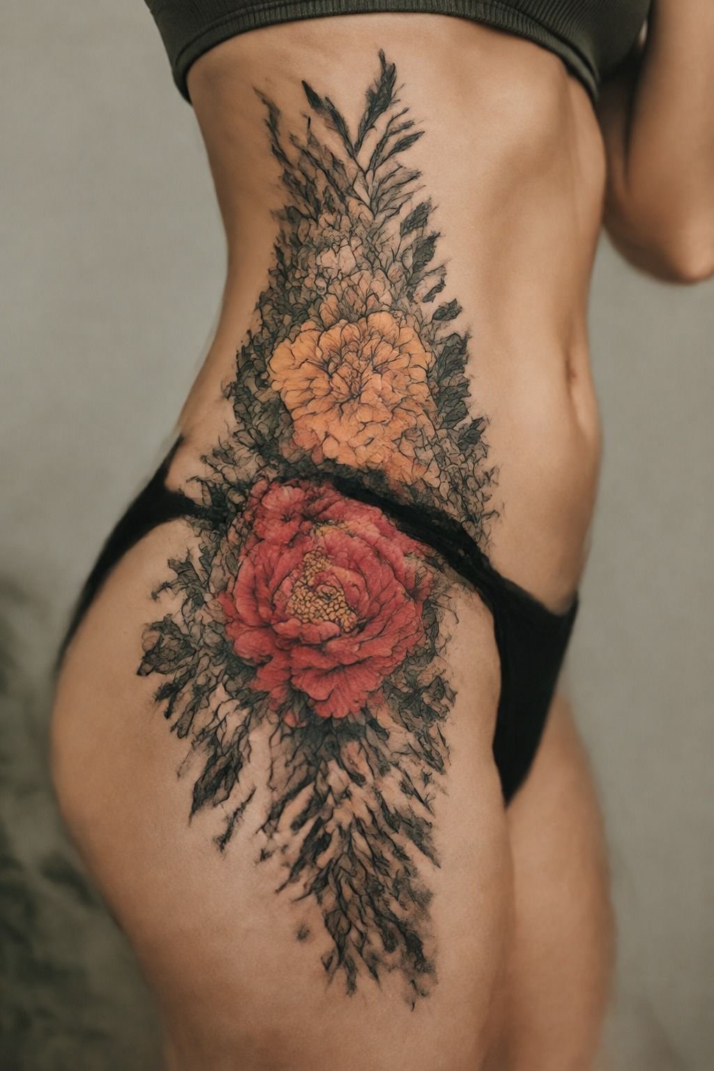 Vibrant Botanical Hip Tattoo With Color Shading