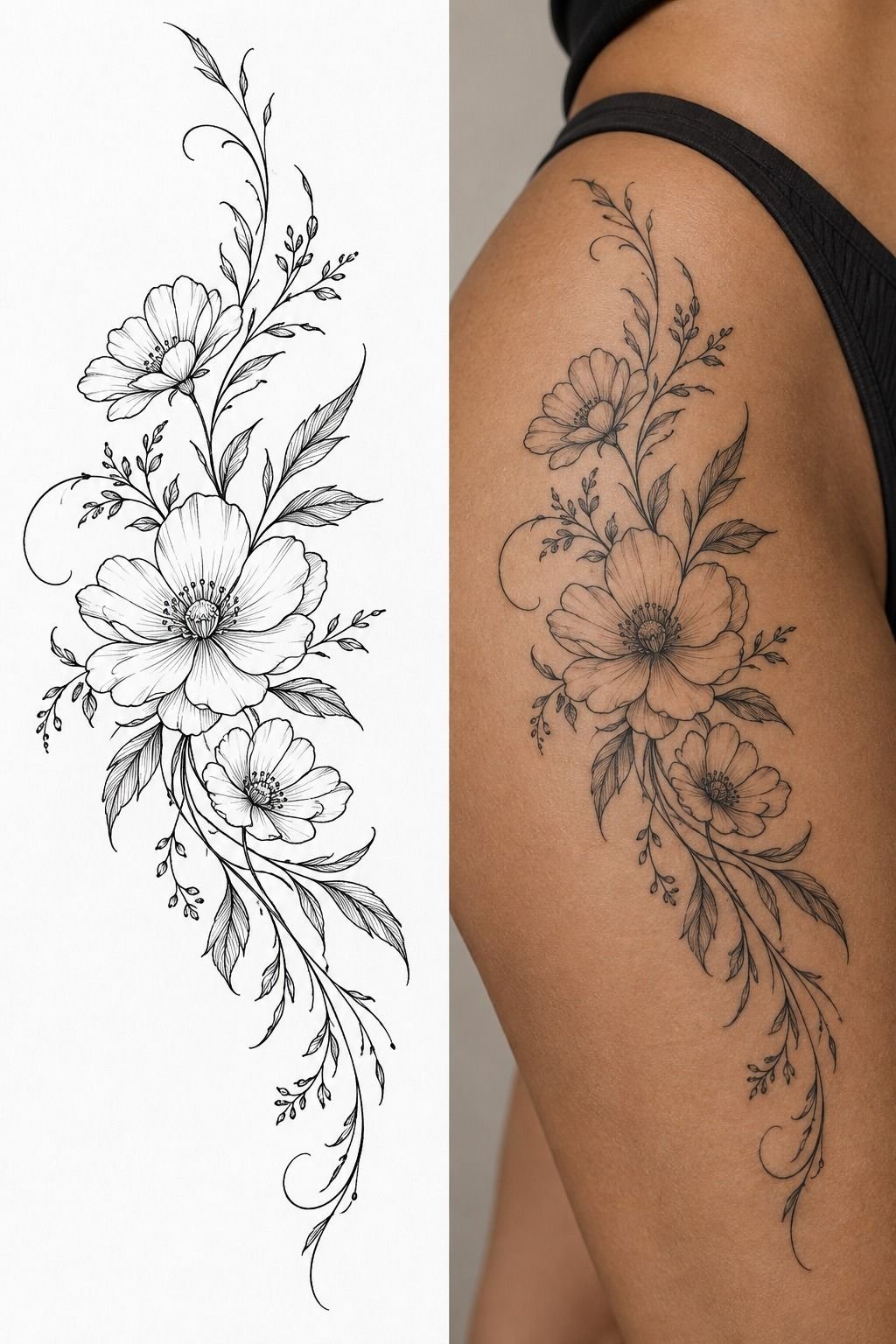 Romantic Floral Hip Tattoo With Flowing Vines