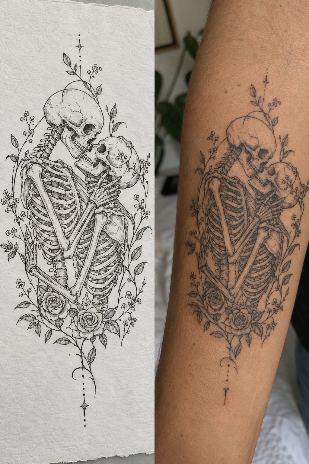 Skeleton Lovers Tattoo avec détails floraux