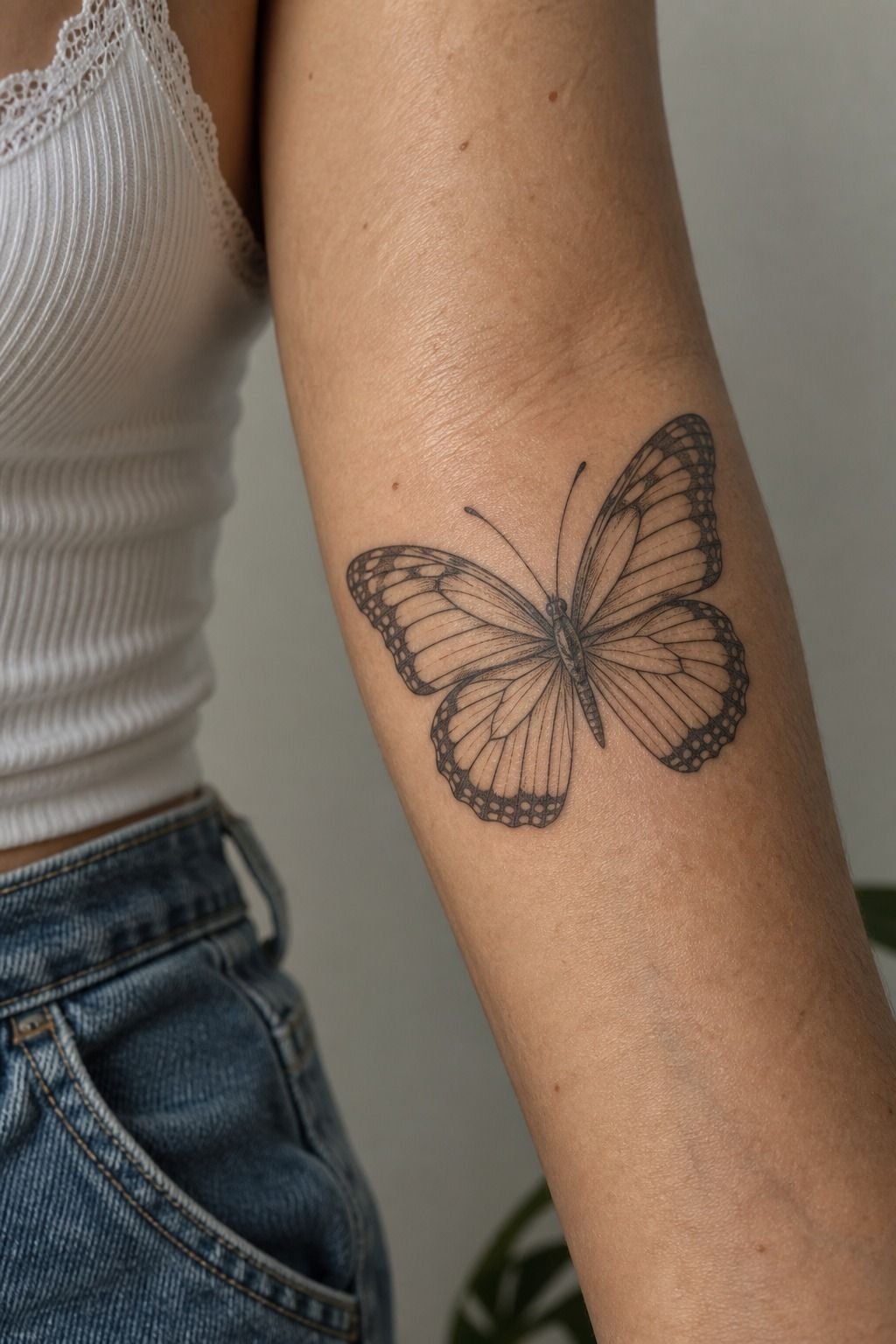 Trace the Single-Needle Rule for a Fine Line Black Butterfly Tattoo