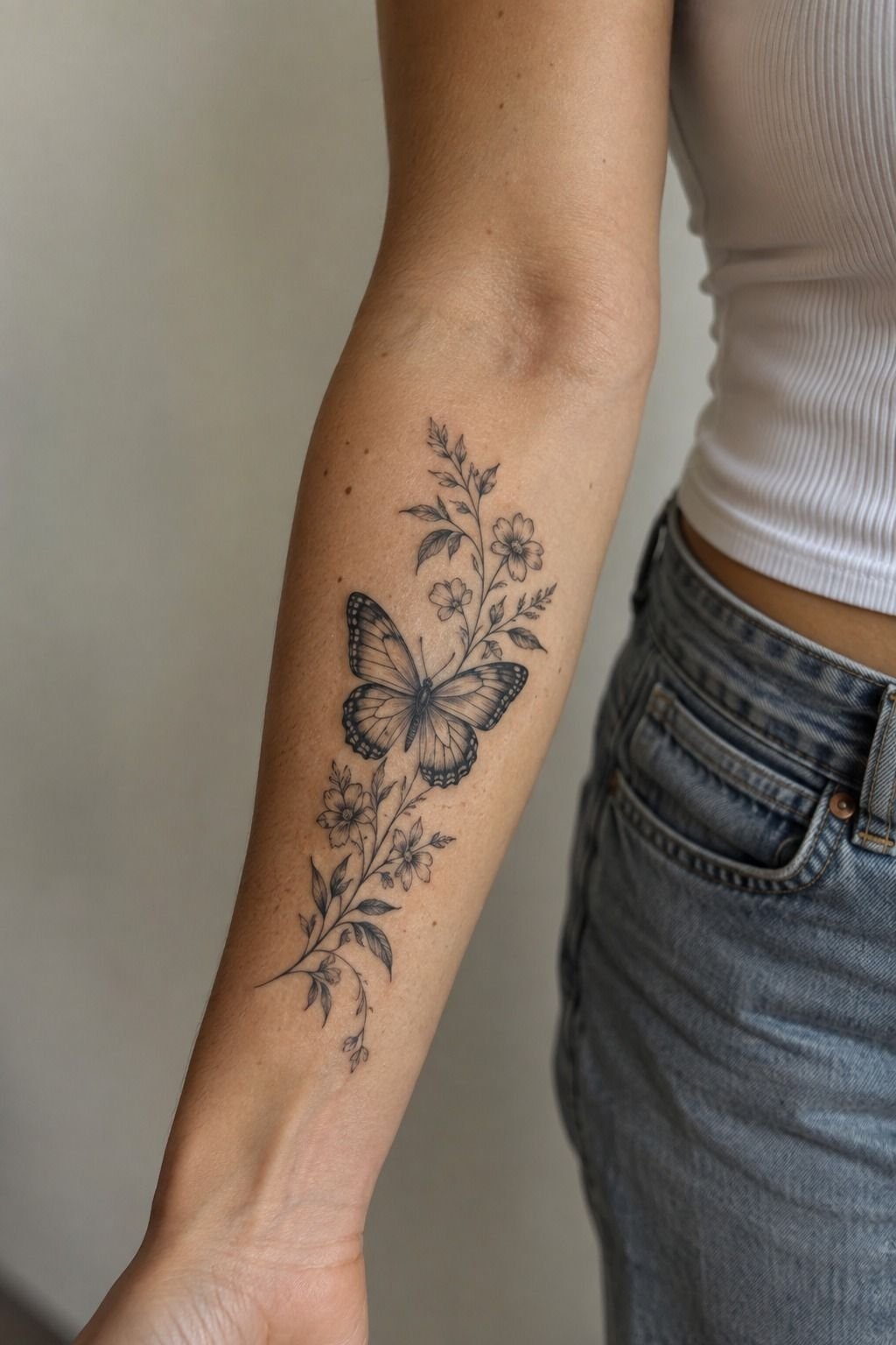 Grow Black Butterfly Tattoo With Floral Linework