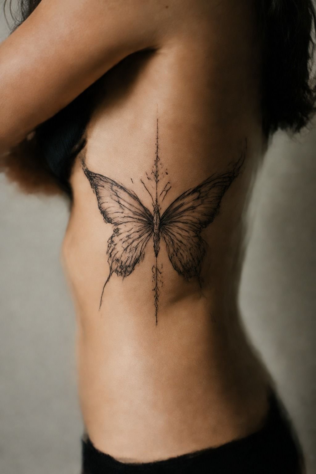 Choose the Gothic Black Butterfly Rib Tattoo Over a Flat Chest Motif