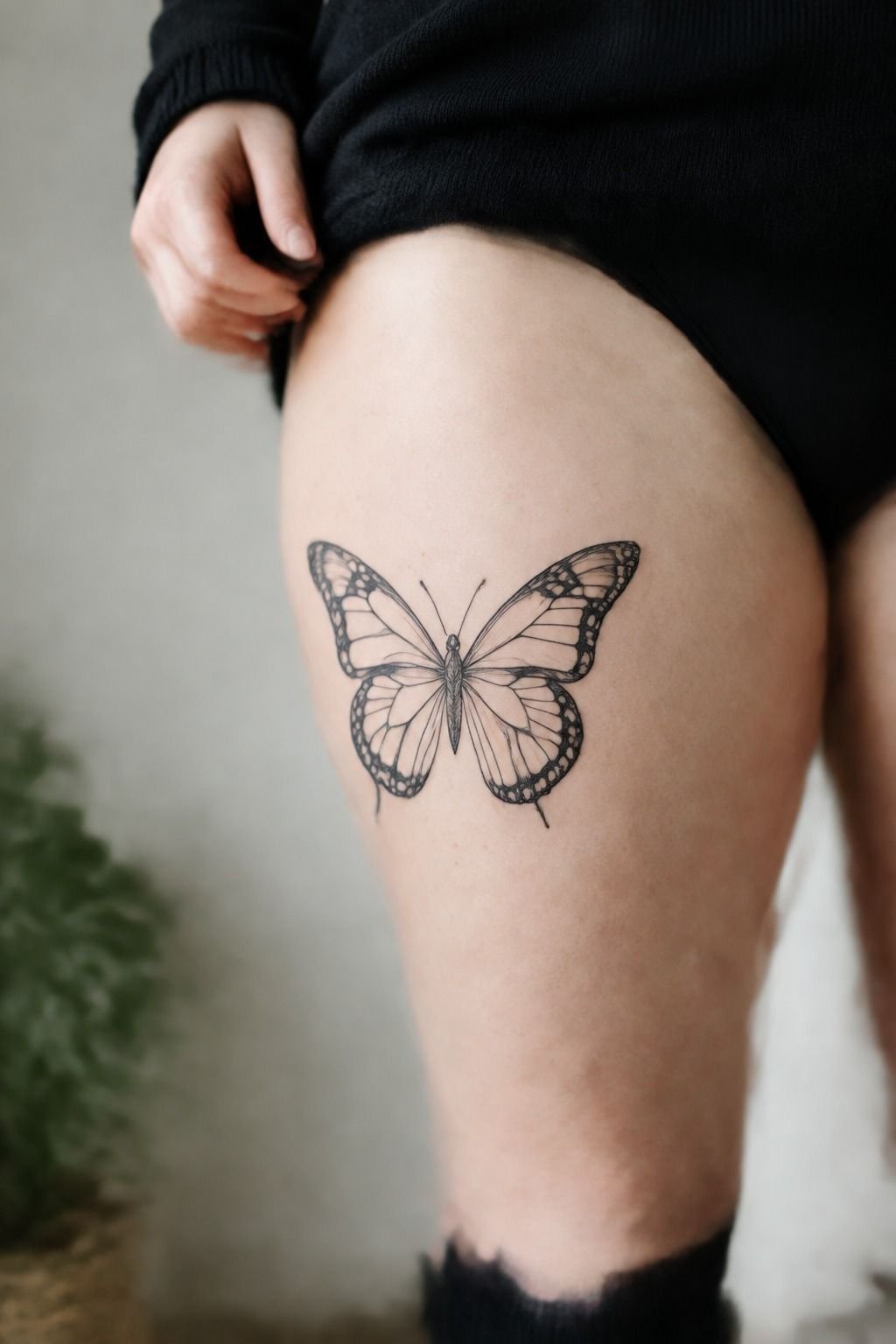 Scale a Bold Black Butterfly Thigh Tattoo