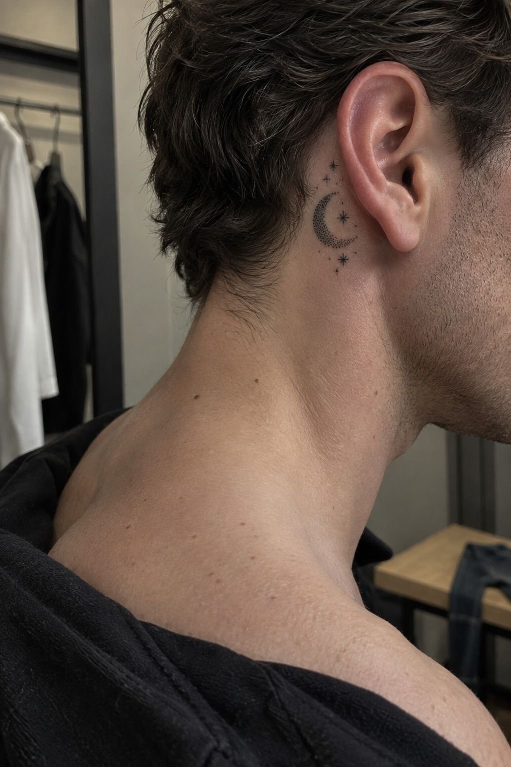Tiny Dotwork Moon Behind the Ear