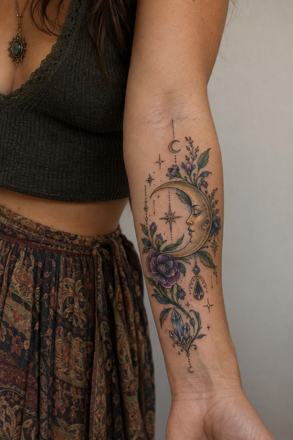 Witchy Moon Tattoo Coloré et Féminin