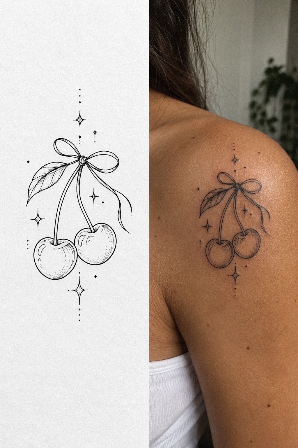 Playful Cherry Shoulder Tattoo With Dainty Accents