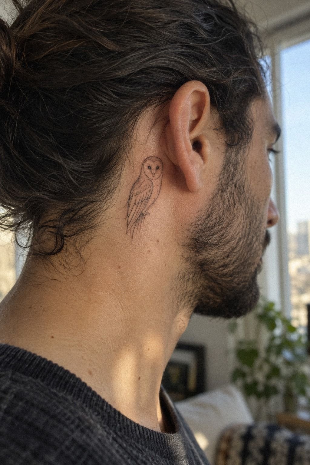 Behind The Ear: A Minimal Barn Owl Tattoo