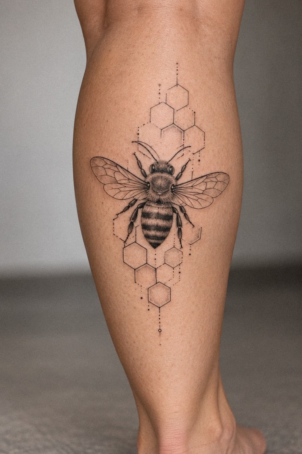 Fine Line Bee With Honeycomb Forearm Tattoo