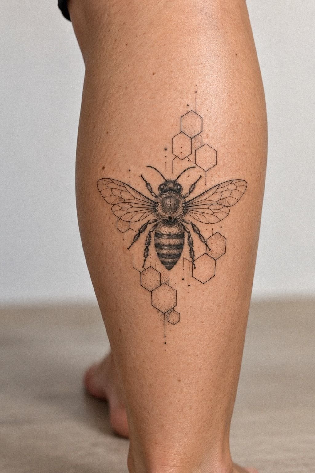 Honeybee With Geometric Honeycomb Back Tattoo