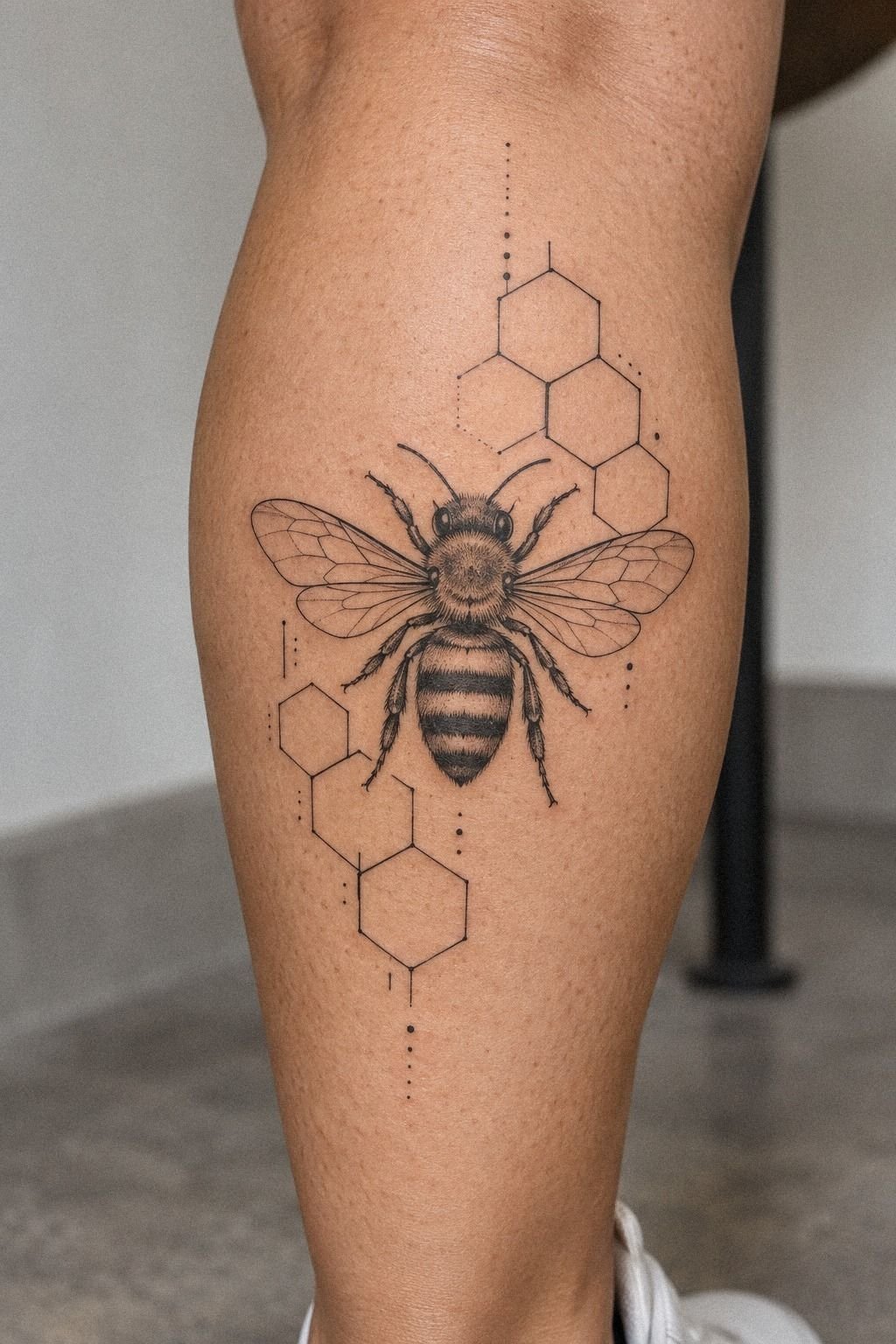 Minimal Bee With Honeycomb Wrist Tattoo