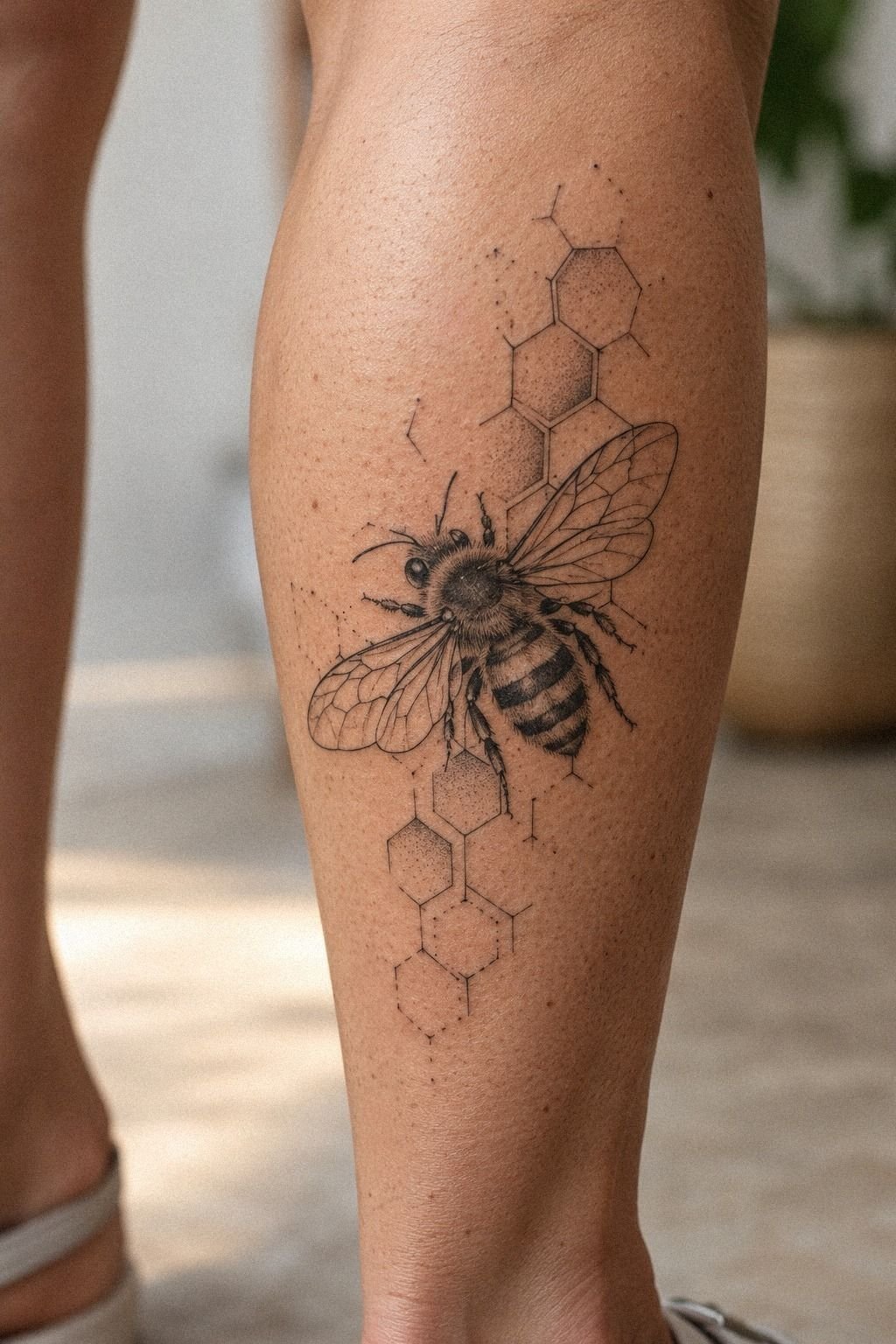 Ornate Bee With Honeycomb Thigh Tattoo