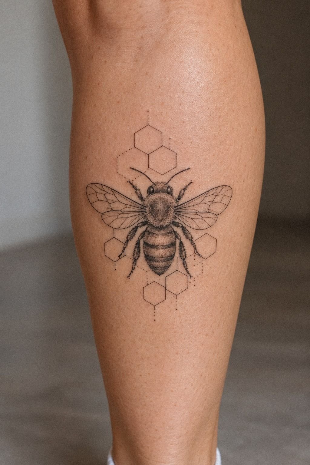 Bee With Honeycomb Stencil Rib Tattoo
