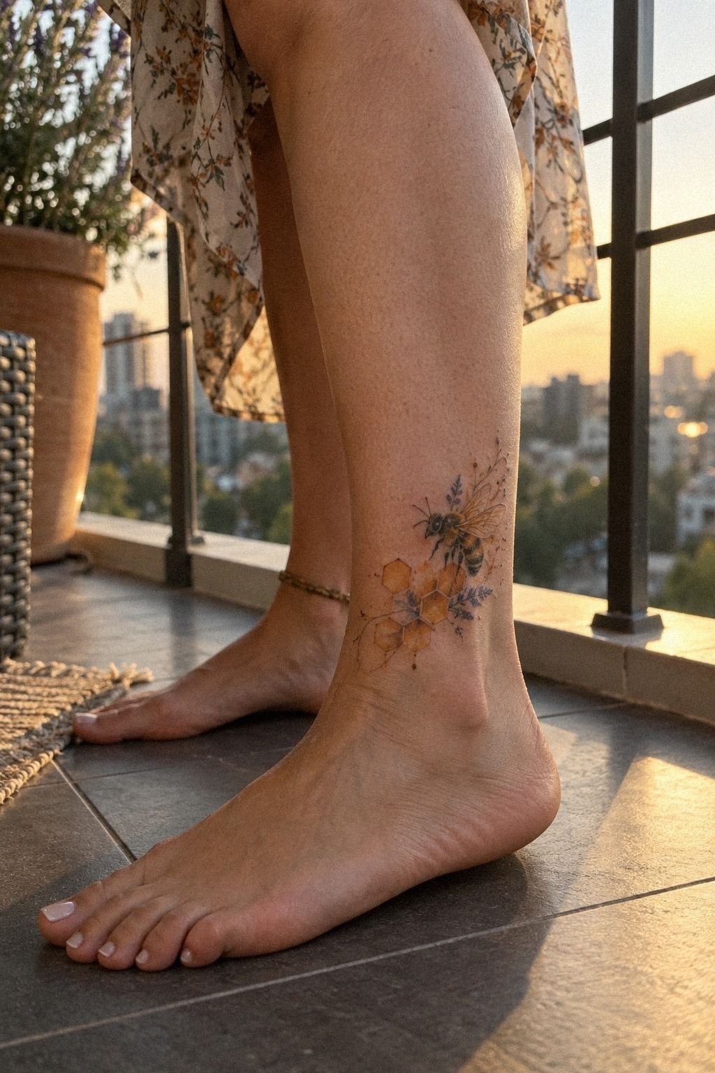 Watercolor Bee With Honeycomb Ankle Tattoo