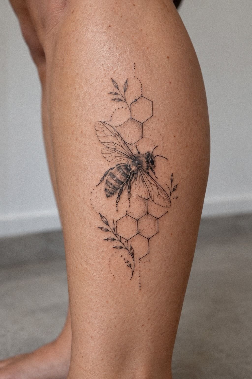 Matching Bee With Honeycomb Finger Tattoos