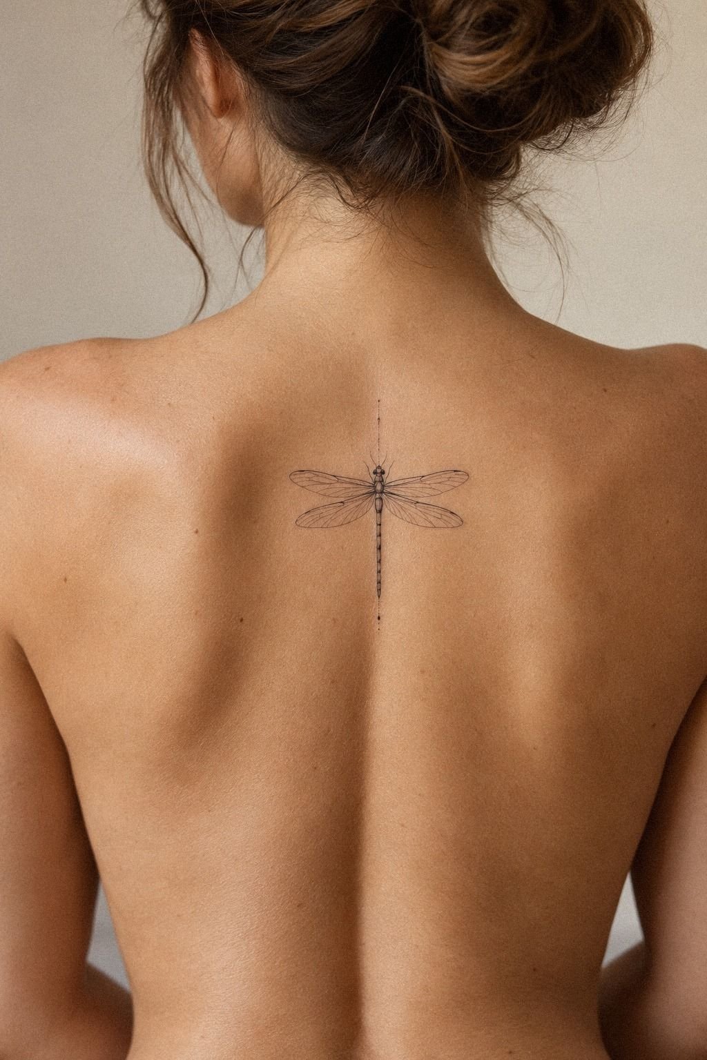 Dainty Dragonfly Tattoo Along the Collarbone: Fine Line Over Heavy Fill