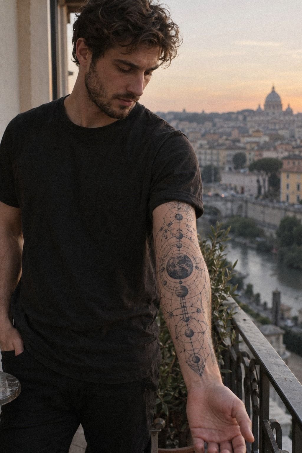 Geometric Universe Tattoo Sleeve With Orbiting Planets