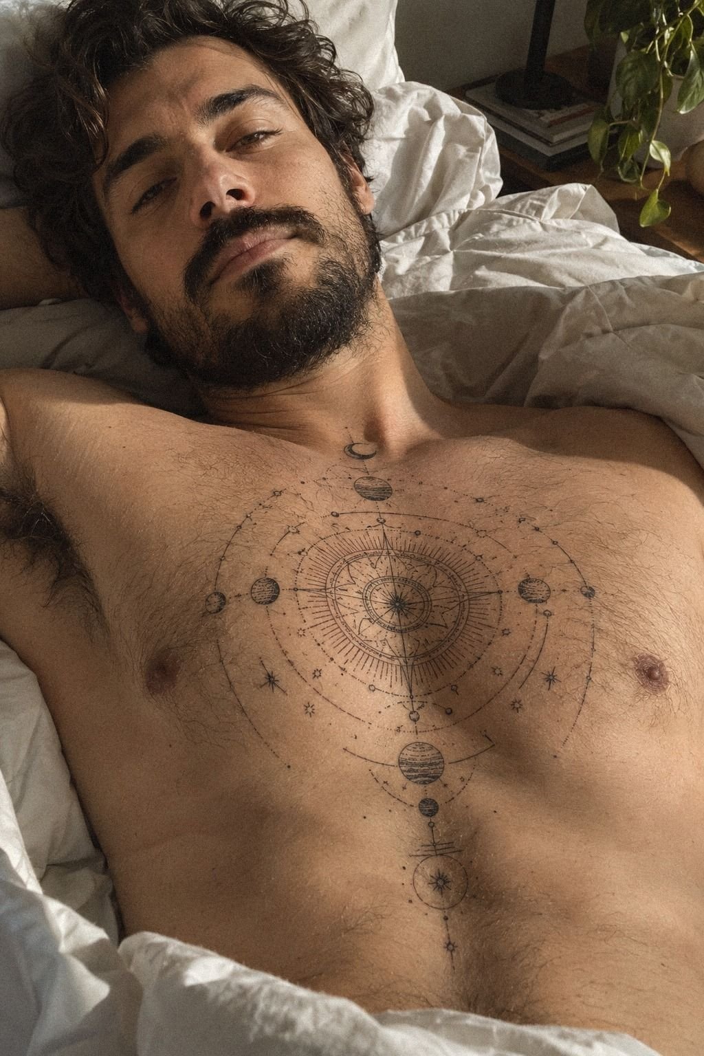 Fine Line Cosmic Mandala Chest Tattoo