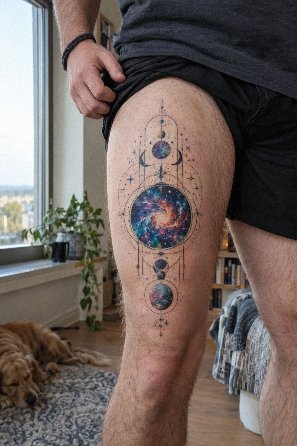 Add Color Carefully To A Nebula Geometric Thigh Tattoo