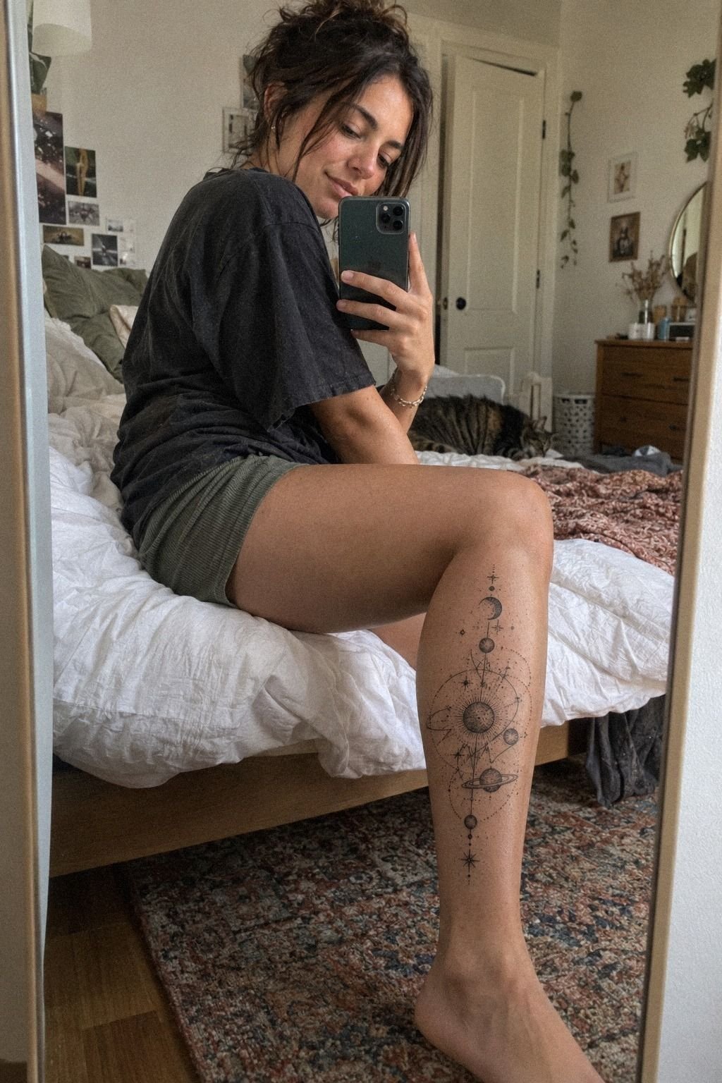 Follow The Rhythm Of A Dotwork Planetary Orbit Calf Tattoo