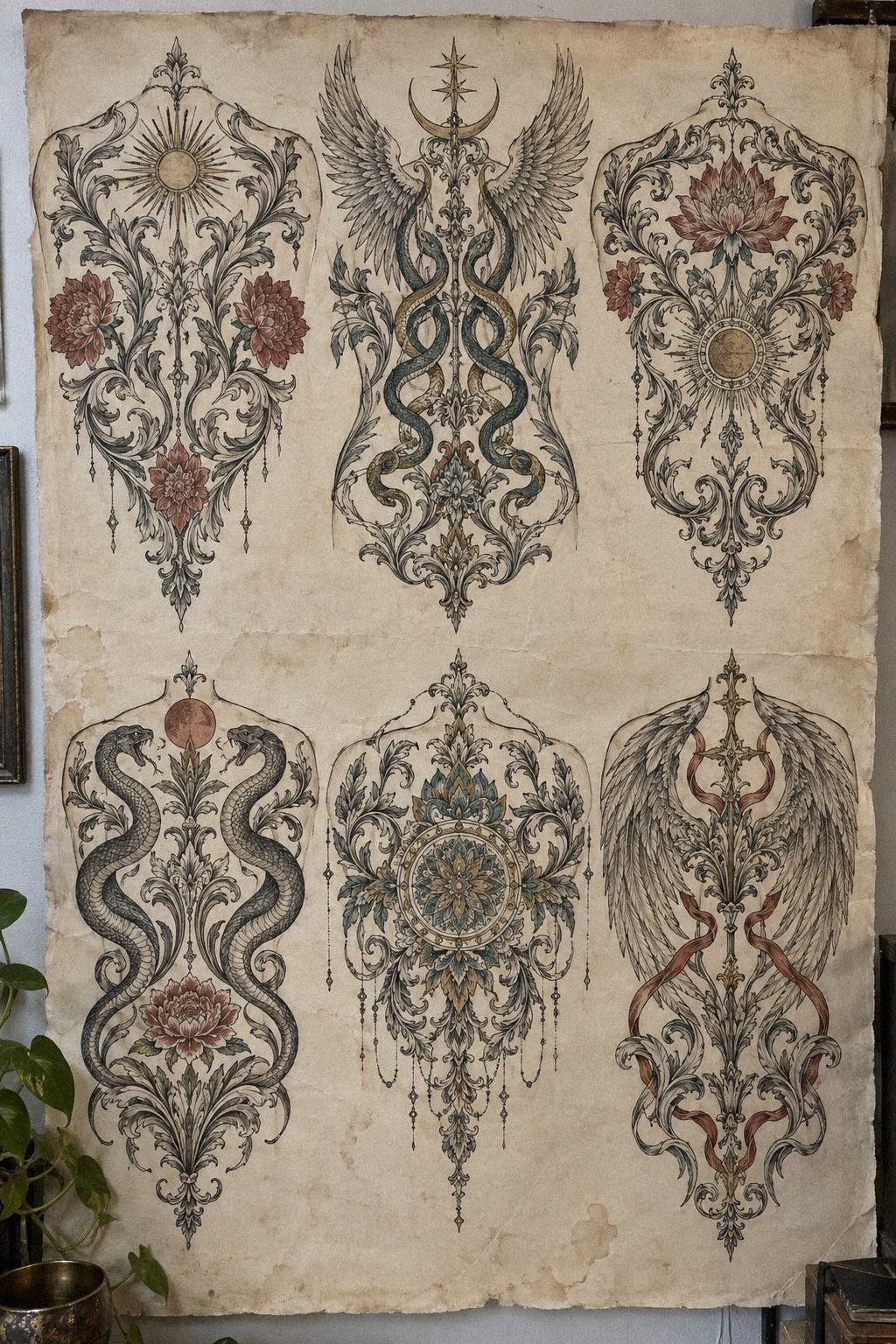 Ornate Backpiece Concepts in Flowing Linework: Find the Focal Point
