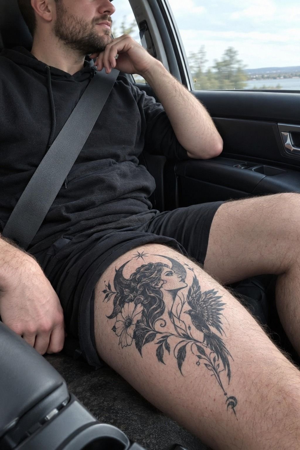 Ornate Blackwork Thigh Tattoos With Personal Stories