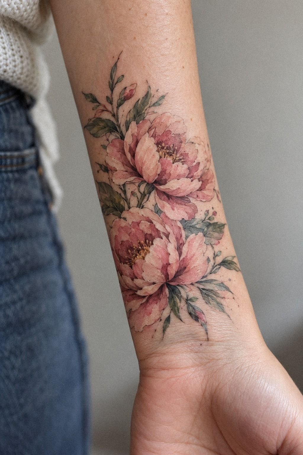 Two peonies over one butterfly